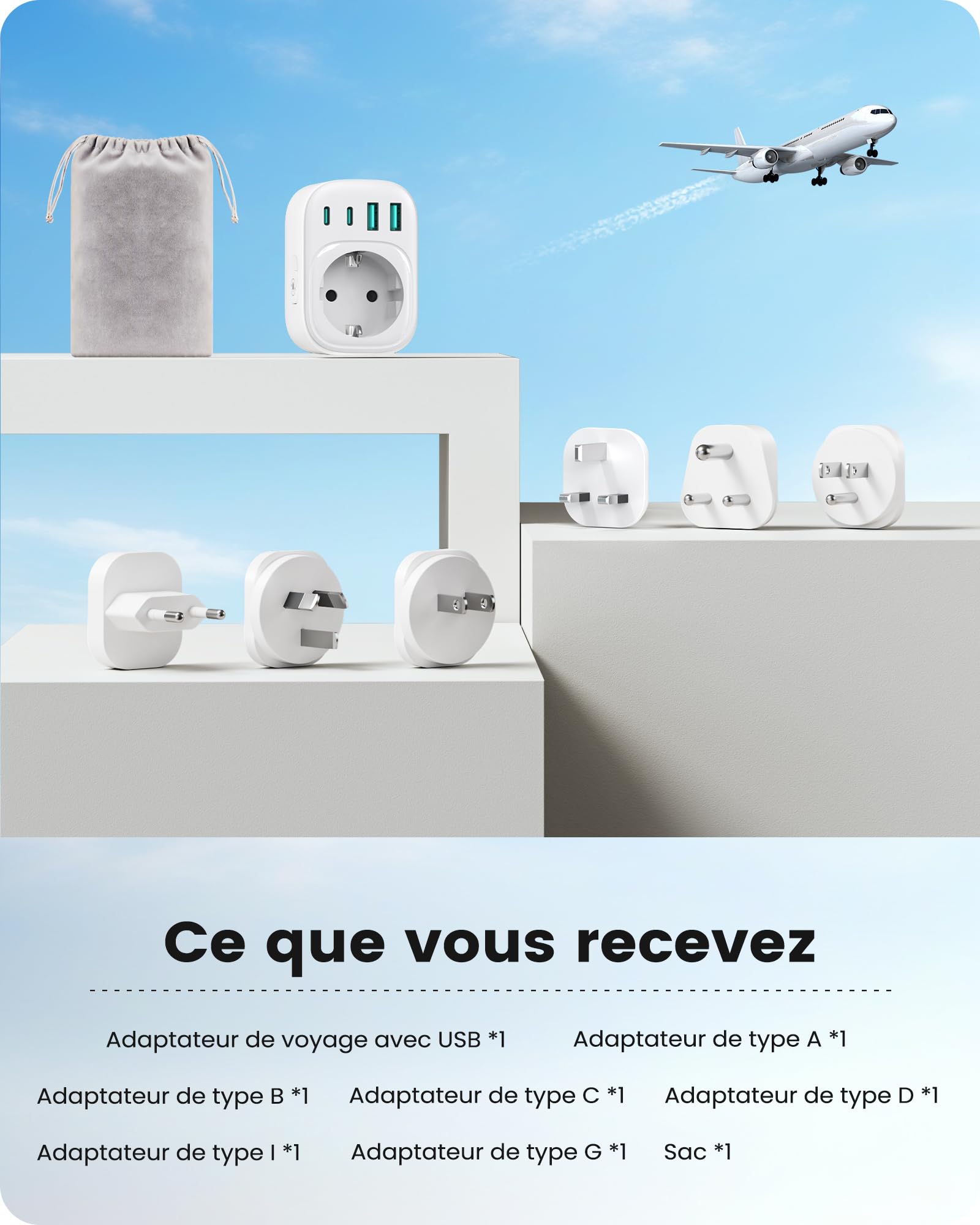 LENCENT Adaptateur de Voyage Universel Type A, B, C, D, G, I – 6 fiches détachables, Prise Internationale pour USA, UK, Japon, Inde, Costa Rica, Mexique, Thaïlande, Maldives, Sri Lanka, Australie