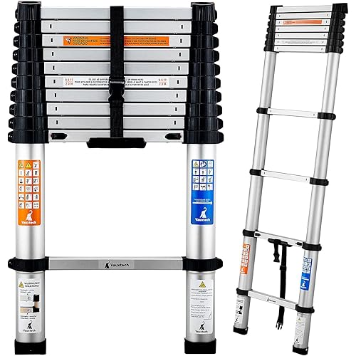 Vauxtech Telescoping Ladder 10.5FT Aluminum: Telescopic Extension Ladder One Button Retraction Collapsible Ladder Portable Compact Folding Lightweight Ladders for Home RV Camping Attic 330 Lb Capacity