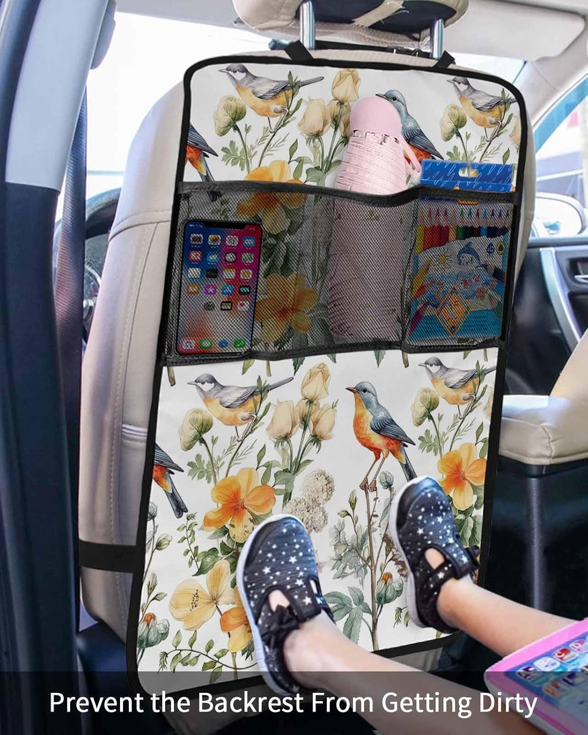 Car Seat Protector, 2 Pack Kick Mats with Organizer - 3 Pocket Storage, Spring Watercolor Vintage Yellow Flowers and Birds Back Seat Cover for Kids Universal Fit Automotive Interior Protectors