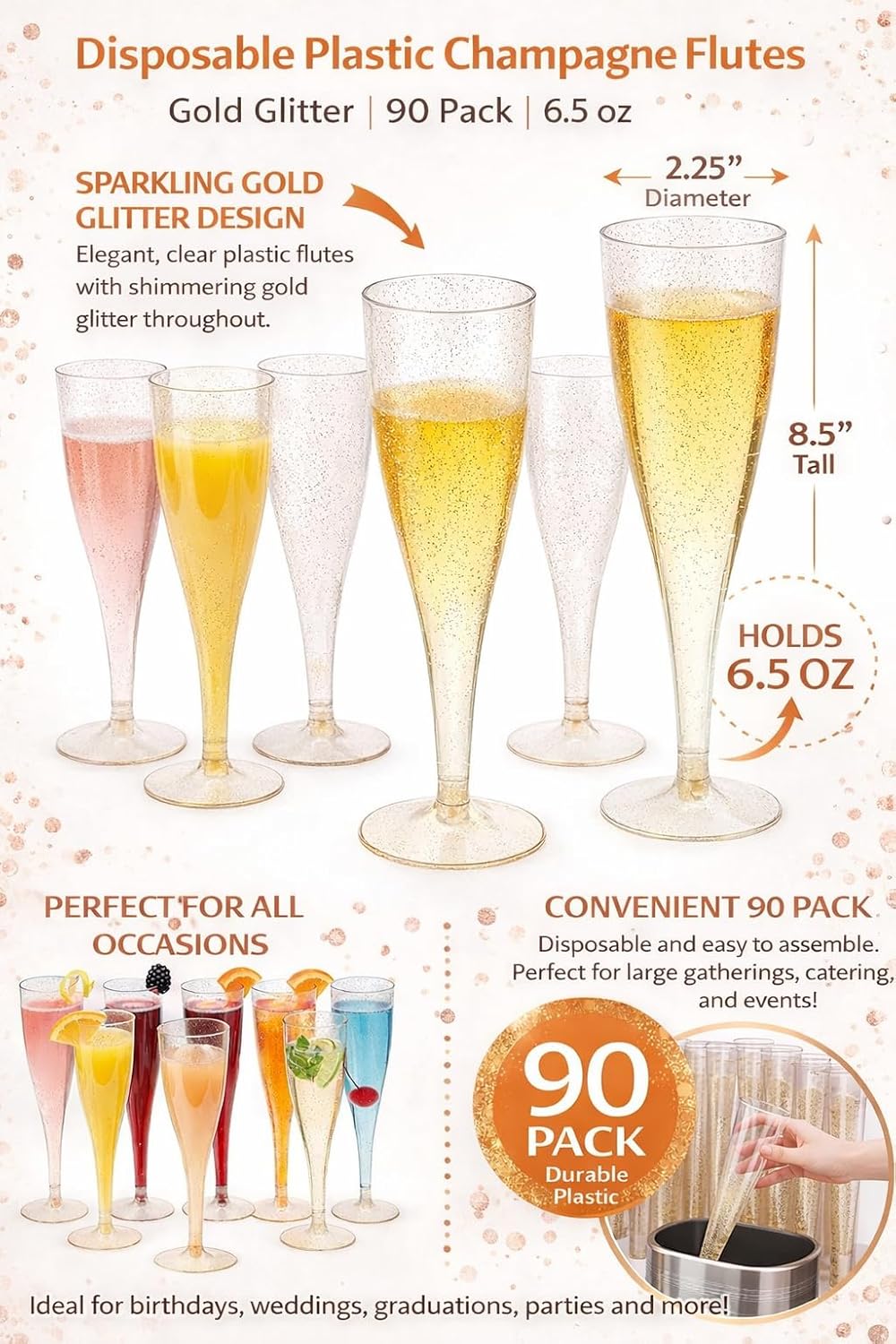 Oojami 90 Pack Disposable Champagne Flutes, 6.5 oz Gold Glitter Plastic Toasting Glasses Shatterproof Cups for Wedding, Birthday, Mimosa Bar, Party, Baby Shower, Celebration, Engagement, BPA-Free - Image 3