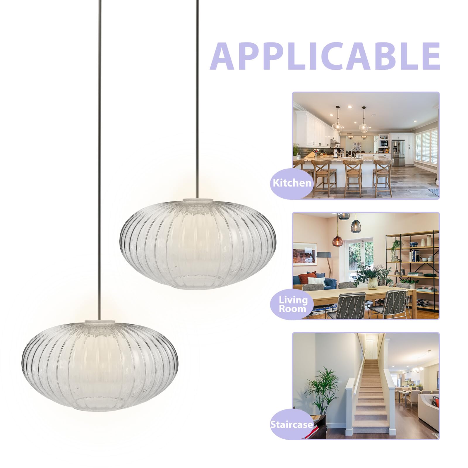 Pantalla para Lámpara Colgante de Cristal Transparente Diseño de Rayas Diámetro 250 MM X Altura 150 MM Globo de Vidrio Resistente para Iluminación Decorativa en Hogar y Cocina