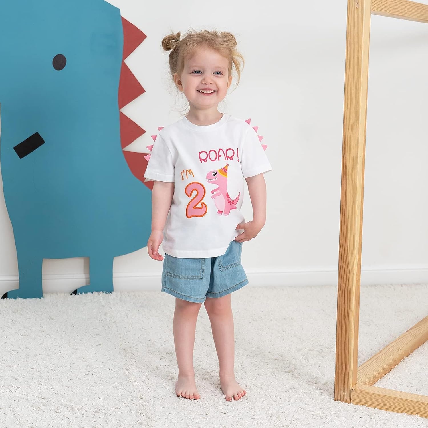 nd Birthday Girl Dinosaur Shirt, Toddler Girls Dinosaur Birthday T-Shirt with Embroidered Number - Image 2