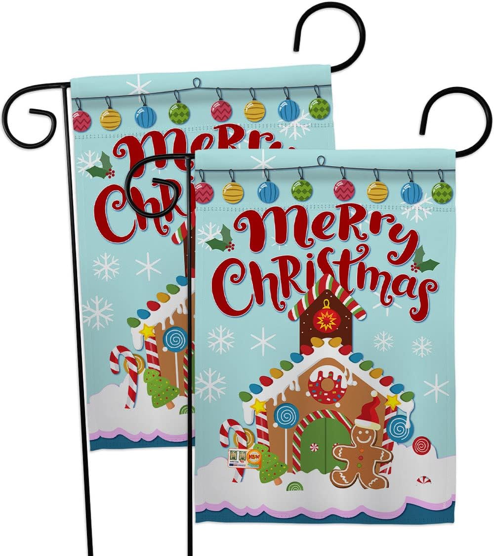 Christmas Gingerbread House Garden Flags 2pcs Pack Wintertime Santa Marry Xmas Present Reindeer Season Snow Small Decorative Gift Yard Banner Made In USA 13 X 18.5