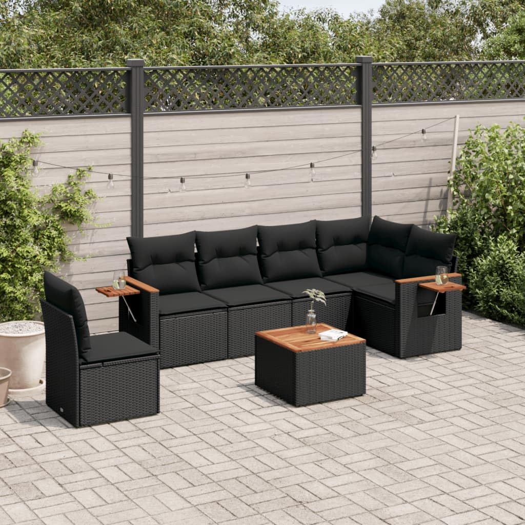 7-częściowy zestaw mebli ogrodowych, czarny, polirattan, z miejscem do przechowywania, odporny na promieniowanie UV, modułowe meble outdoorowe na taras, balkon