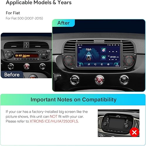 Miniatura 2 de XTRONS Estéreo de coche de un solo DIN para Fiat 500, Android 13 Octa Core 4GB RAM 64GB ROM Reproductor de radio de automóvil, pantalla táctil IPS