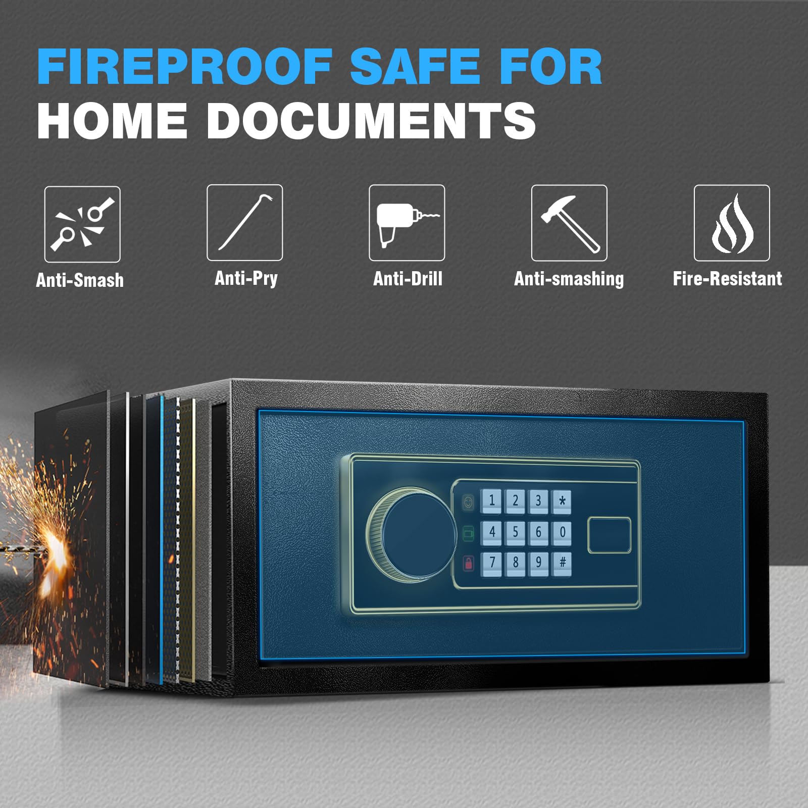 Scatola di sicurezza ignifuga da 1,2 Cu Ft per la casa - Cassetta di sicurezza in acciaio per ufficio e sicurezza domestica, tastiera elettronica digitale, sistema di allarme, modalità