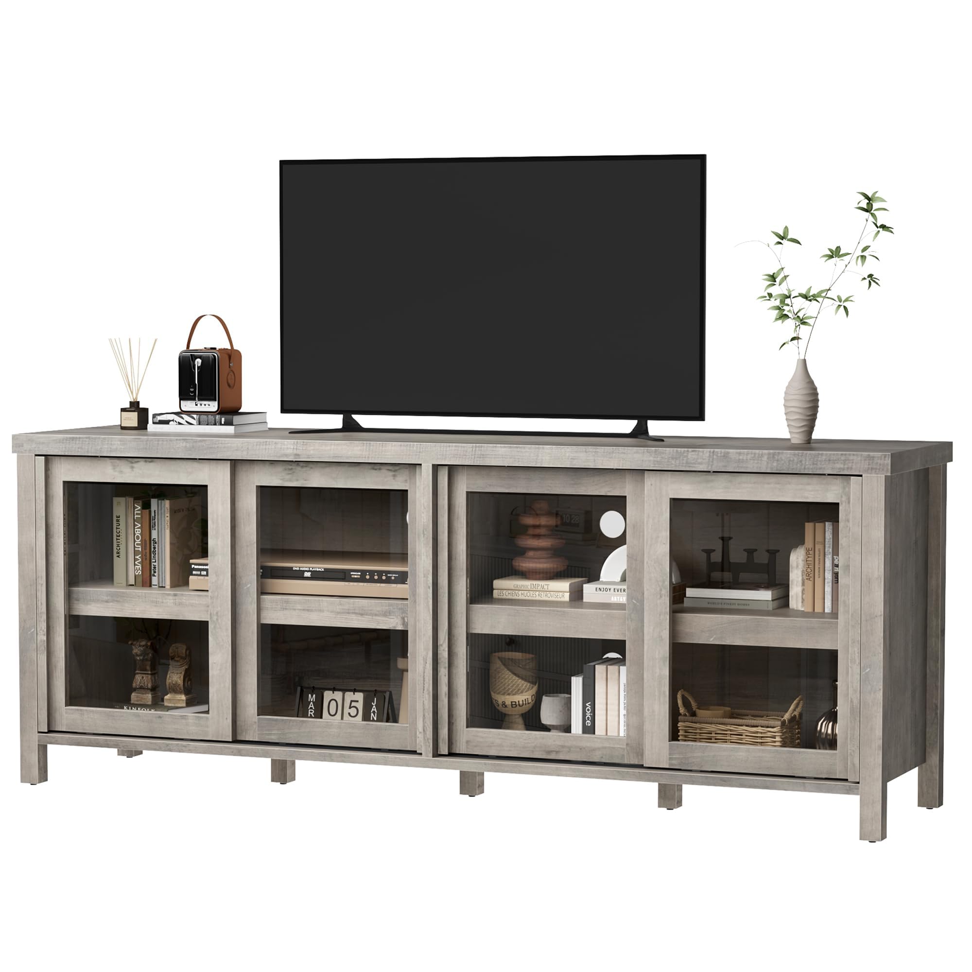 65 Inch TV Stand for Televisions Up to 70 Inches, Modern Entertainment Center with Storage, 4 Sliding Glass Doors, Mid-Century Style Media Console for Living Room,Gray