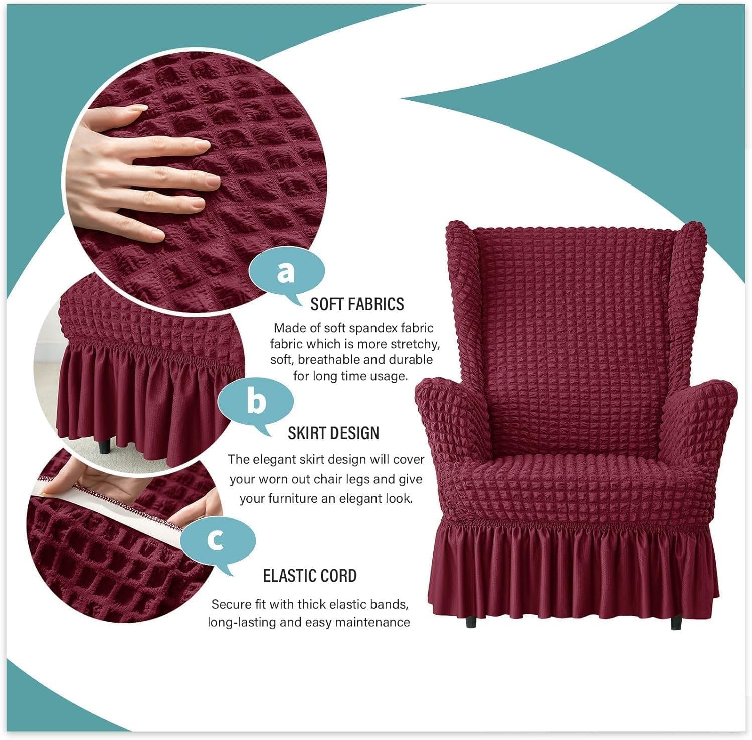 Stretch Seersucker Wingback Chair Slipcover, Universal Bubble Wing Chair Slipcovers with Skirt, Living Room High Back Chair Covers Set with Ottoman Cover, Easy Fit Washable Slip Covers for Armchairs(W