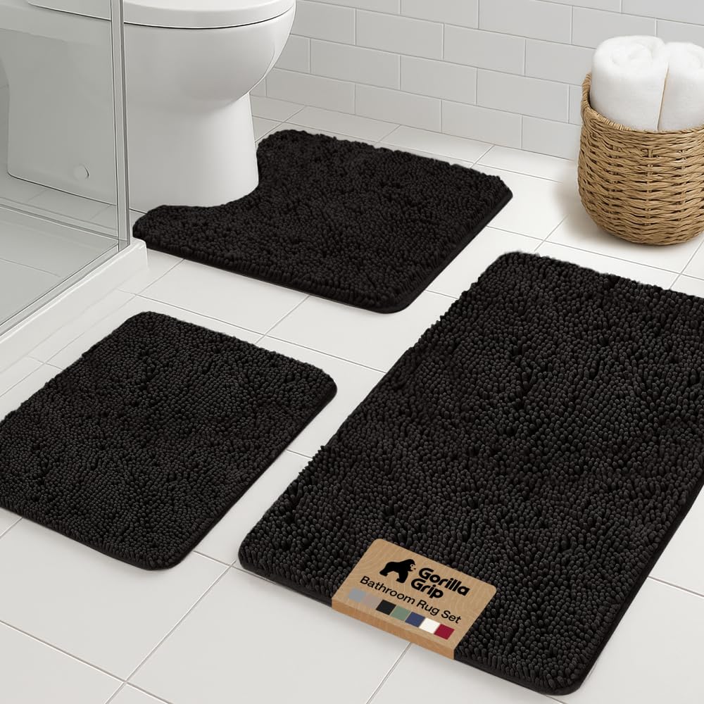 GORILLA GRIP Area Rug Sets and Oval Toilet Base, 3 Piece Black