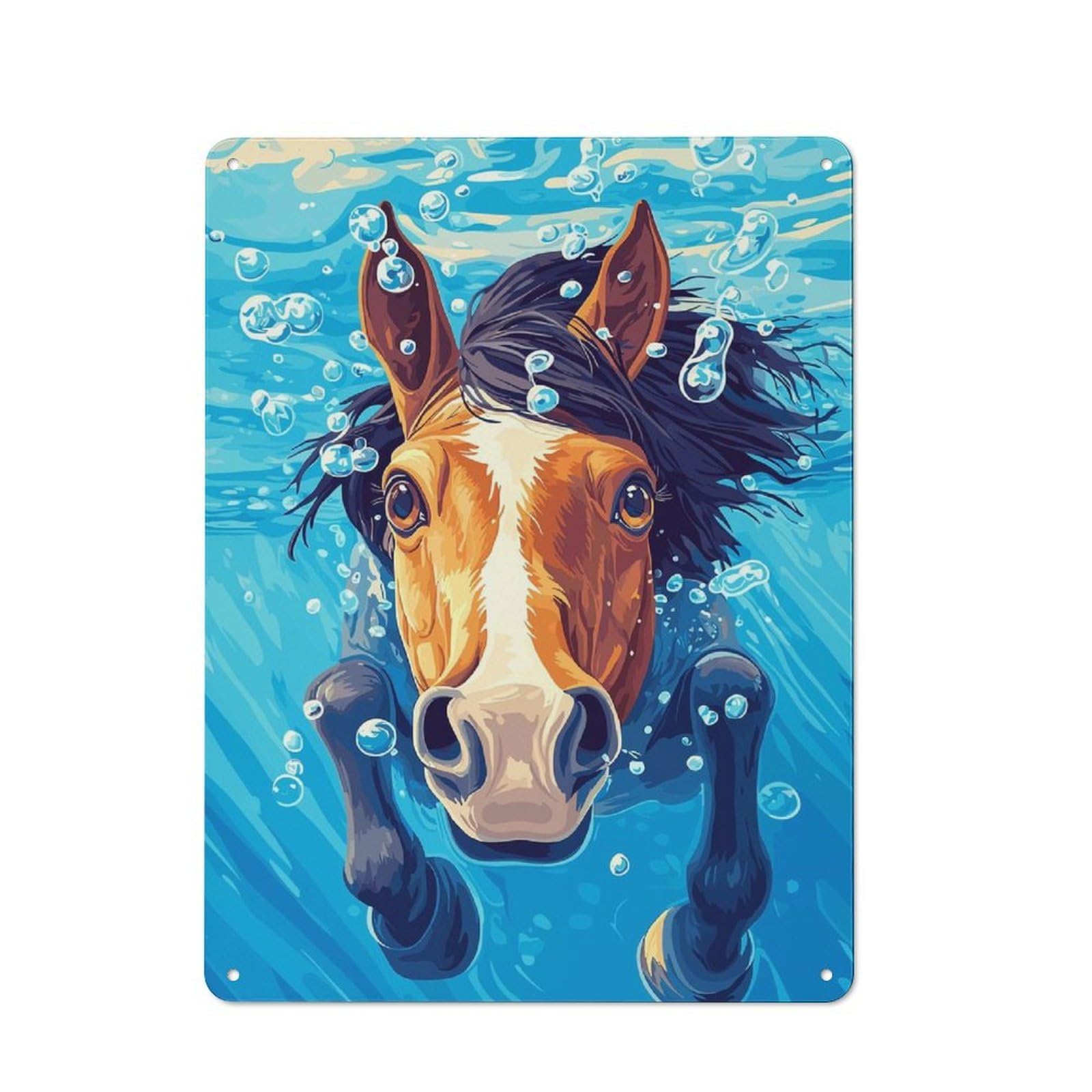 Character Decorative Tin Plaque 40x30cm Featuring Horse Swimming Underwater, Home Wall Decor for Flat, Dorm Room, Lounge Or Cafe