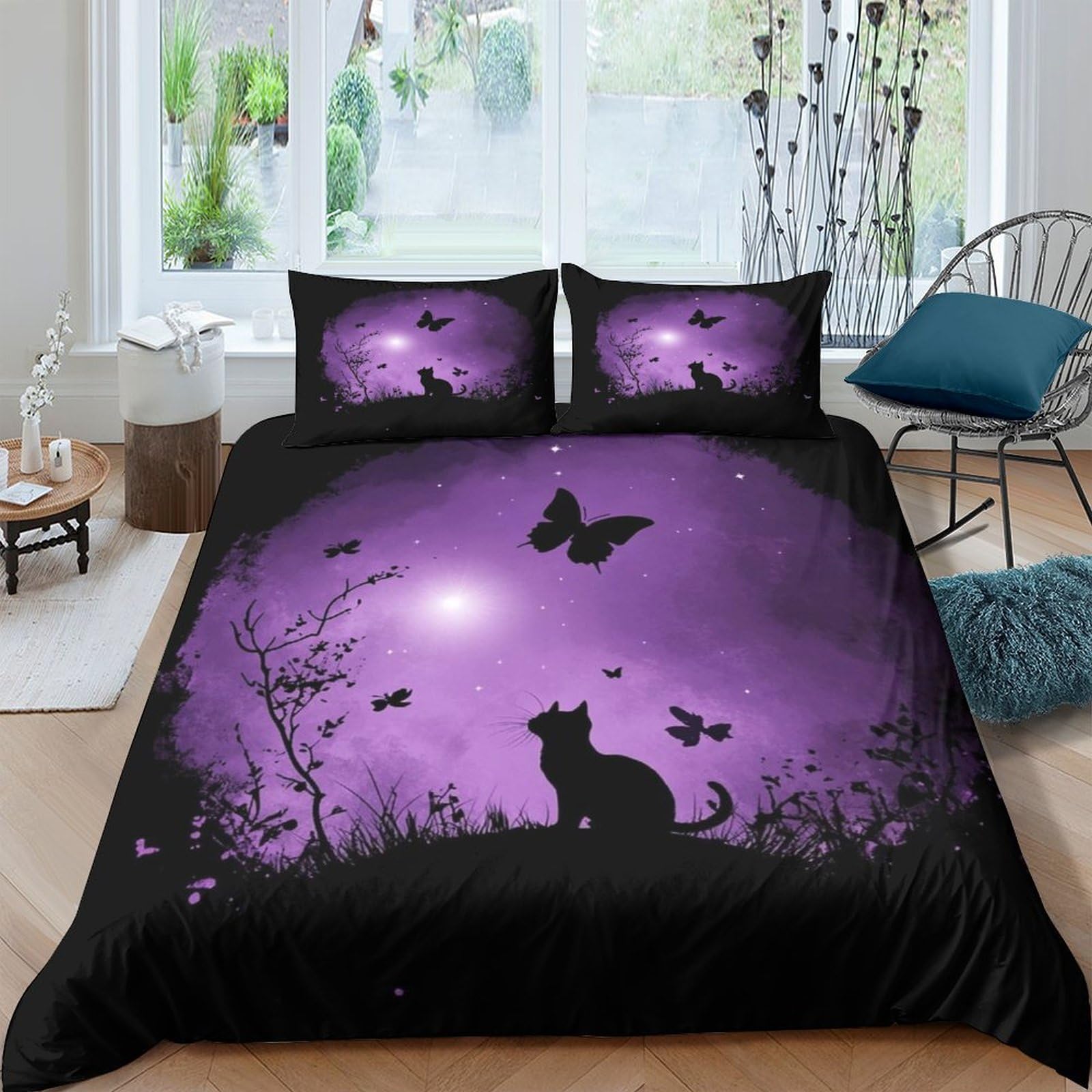 XFKLYNVCJ 3D Printed Night cat silhouette Bedding Cover Polyester Purple moon fantasy Duvet Cover Shrink Resistant Easy Care for University Dorm Student Accommodation Home Use King（220x240cm）
