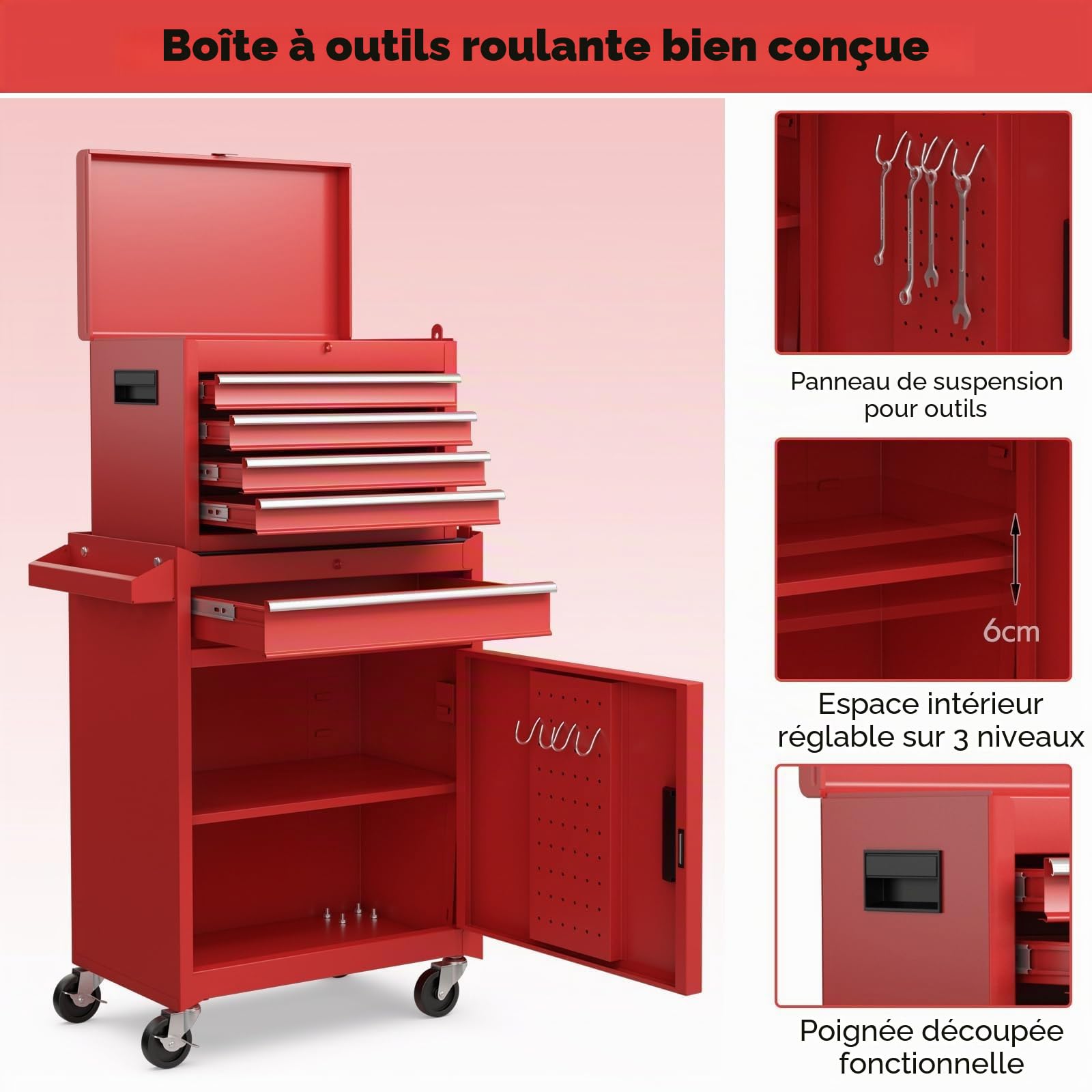 FANTASK Servante à Outils 2 en 1 sur Roues verrouillable avec Crochets, 8 Compartiments, Valise et étagère réglable, sans Outils, Chariot d'atelier Professionnel en métal, capacité de Charge 100 kg