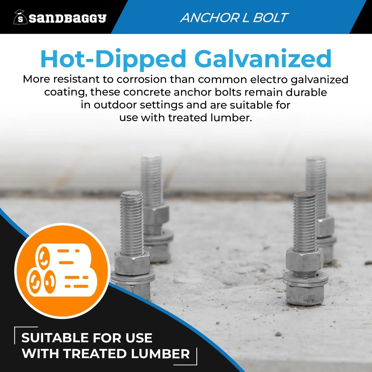 Sandbaggy 1/2" x 18" Threaded Concrete Anchor L-Bolts (Nuts & Washers Included) - Hot Dipped Galvanized - Sill Plate, Base Plate, Masonry, Wood, Cement Anchors, J Bolt (5, 1/2" x 18")