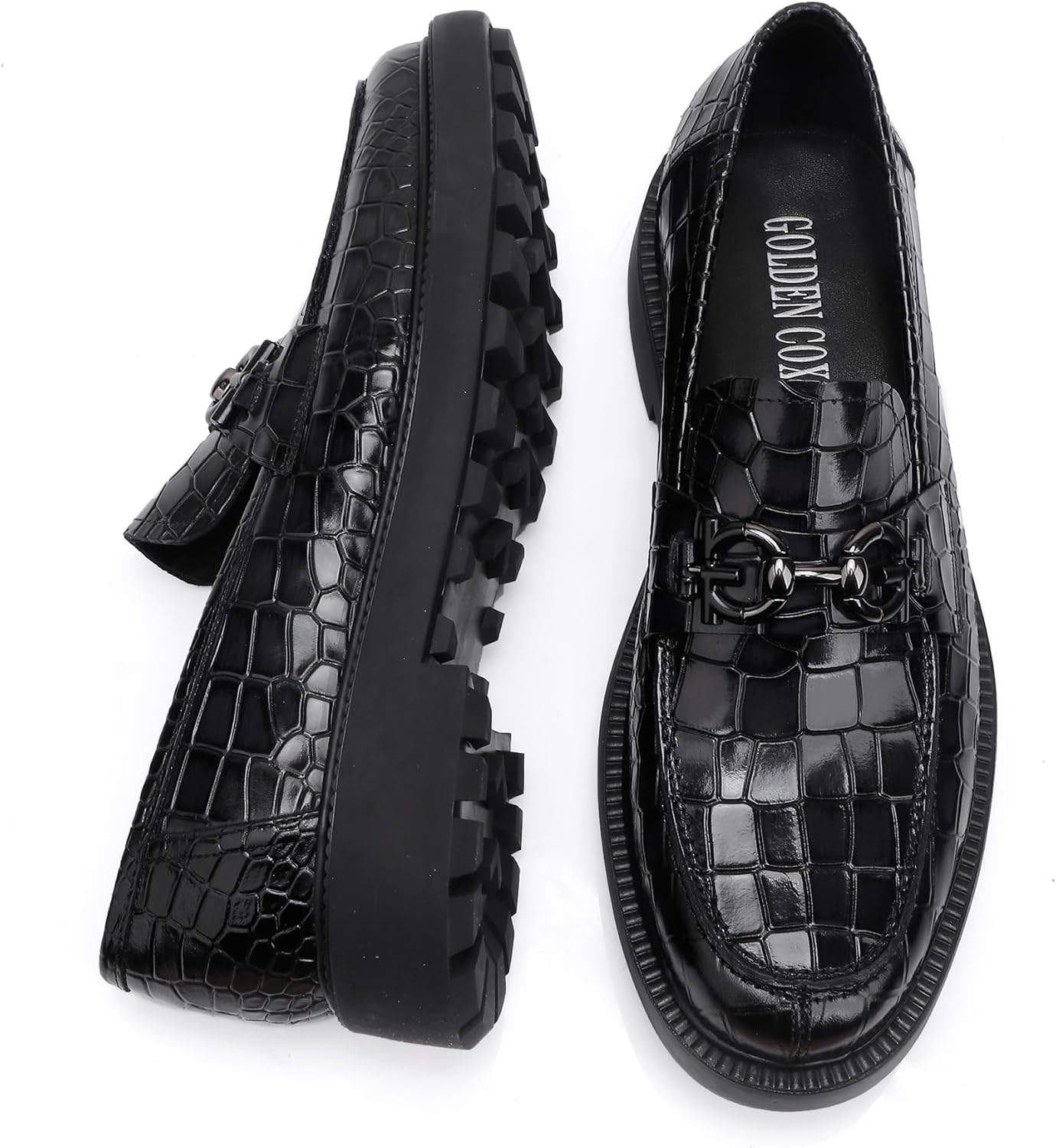 Premium Mens Leather Dress Shoes, Classic Casual Crocodile Printed Business Buckle Dress Slip on Penny Loafer Party Wedding Shoes for Mens, Black, 7 - Image 5