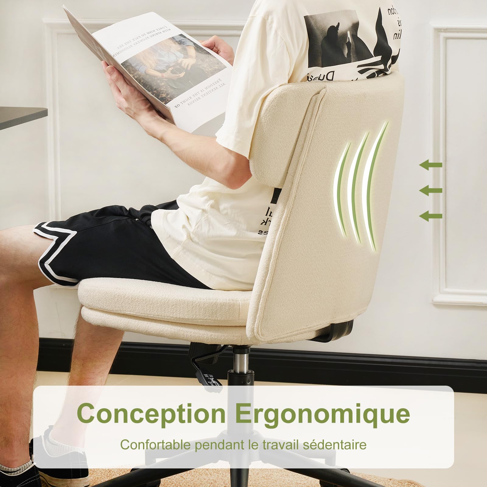 Chaise de Bureau en Chenille Fauteuil de Bureau Chaise de Coiffeuse, Fauteuil Bureau Réglable en Hauteur avec Dossier Inclinable Pivotante à 360°, Ergonomique pour la Chambre (Blanc-1)