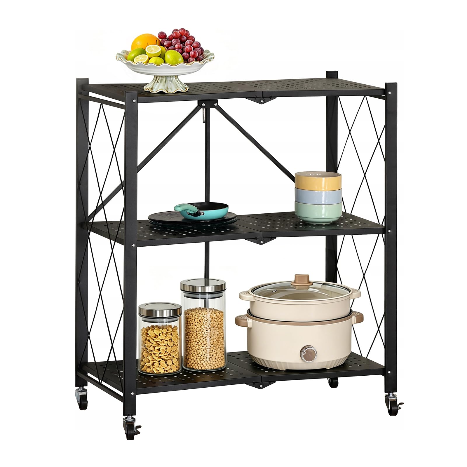 THCTYRP 3-Tier Folding Heavy Duty Shelving Unit with Wheels, Foldable Storage Shelf Trolley, 71.5 x 36.5 x 87 cm Metal Shelf, Foldable Shelf for Kitchen, Office (Black)