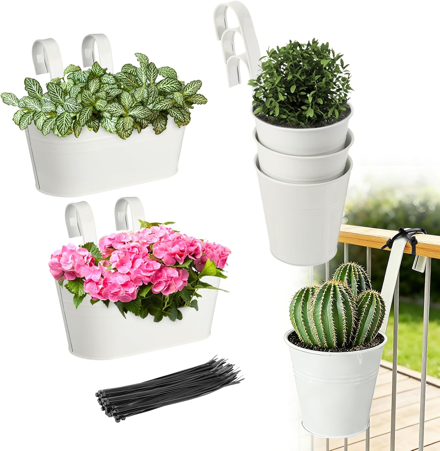 MADHOLLY 6Pcs Railing Planter with Drainage - 10.8" & 5.1" Bucket Pots for Balcony Railing, Metal Iron Hanging Flower Pots for Herb Planter Outdoor Deck & Rail Decor with Hook, White