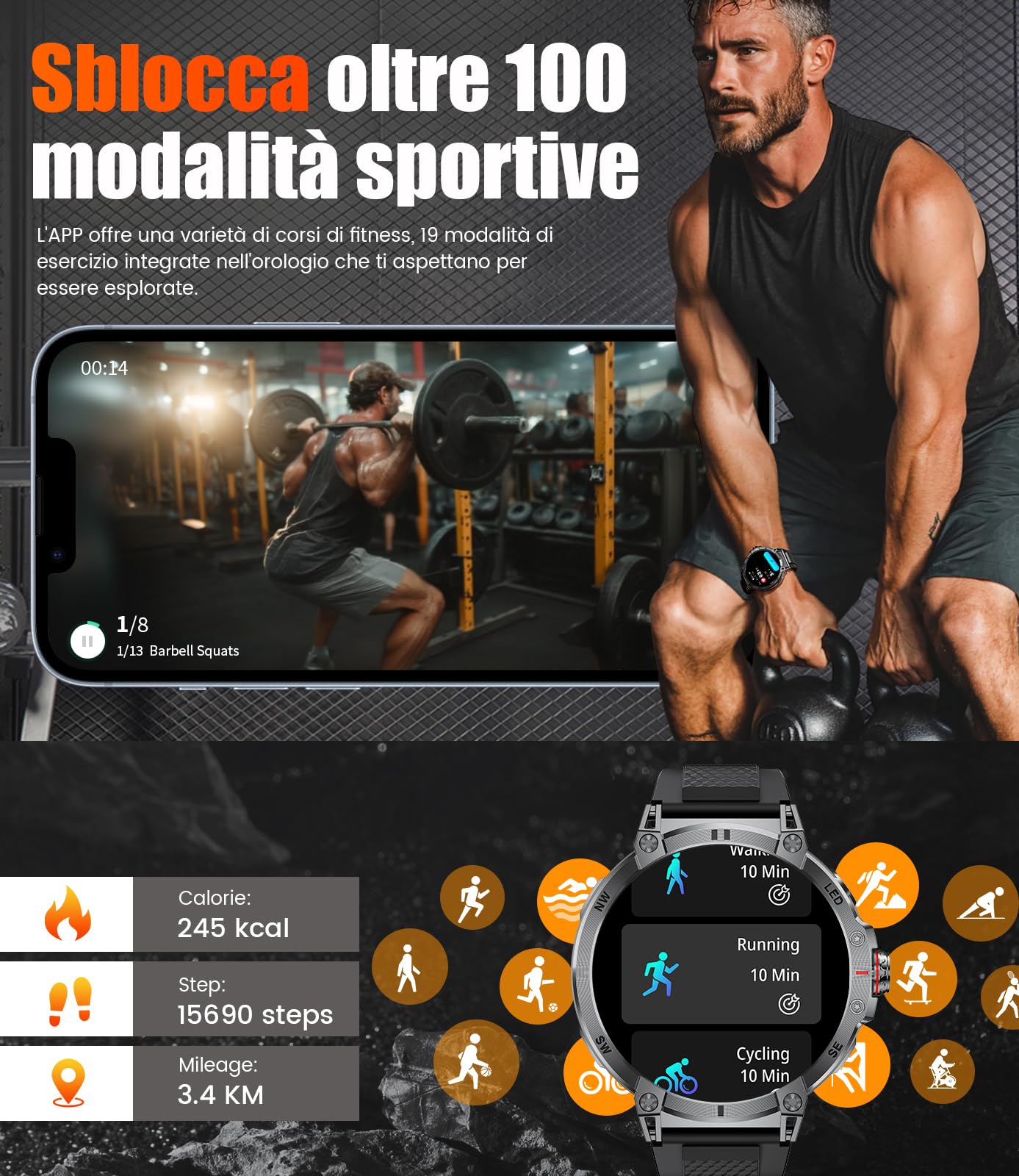SUNKTA Smartwatch da uomo Militare 1000 mAh grande batteria da 1,7" HD Bluetooth chiamate orologio intelligente per iOS Android con torcia LED, frequenza cardiaca/monitor/contapassi, grigio
