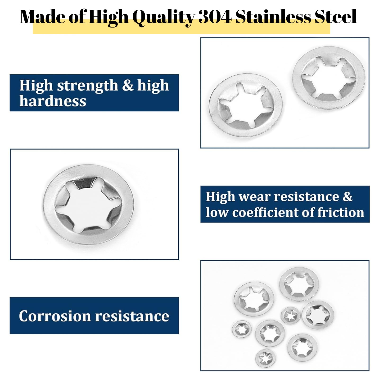 Kit surtido de arandelas de seguridad de estrella internas Vifmy (paquete de 530), M3, M4, M5, M6, M8, M10, M12, métricas, de acero inoxidable, con presión.