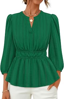 ZESICA Women's 2025 Fall Babydoll Peplum Tops V Neck Puff 3/4 Length Sleeve Shirts Dressy Casual Blouses