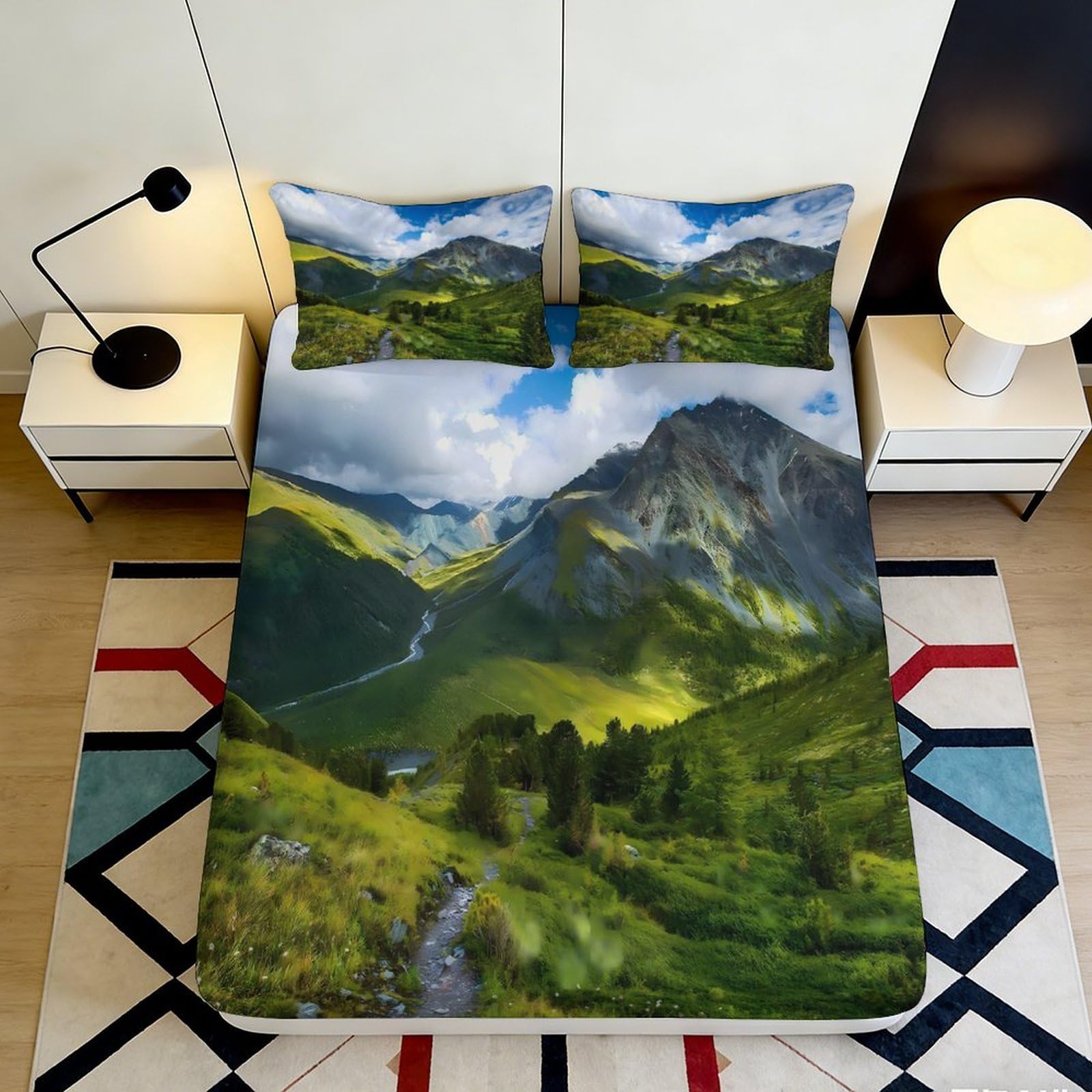 3D Printed Mountain Landscape Fitted Sheet Microfiber Soft Breathable Green Valley Bed Cover for Bedroom Guest Room 90x200x25cm