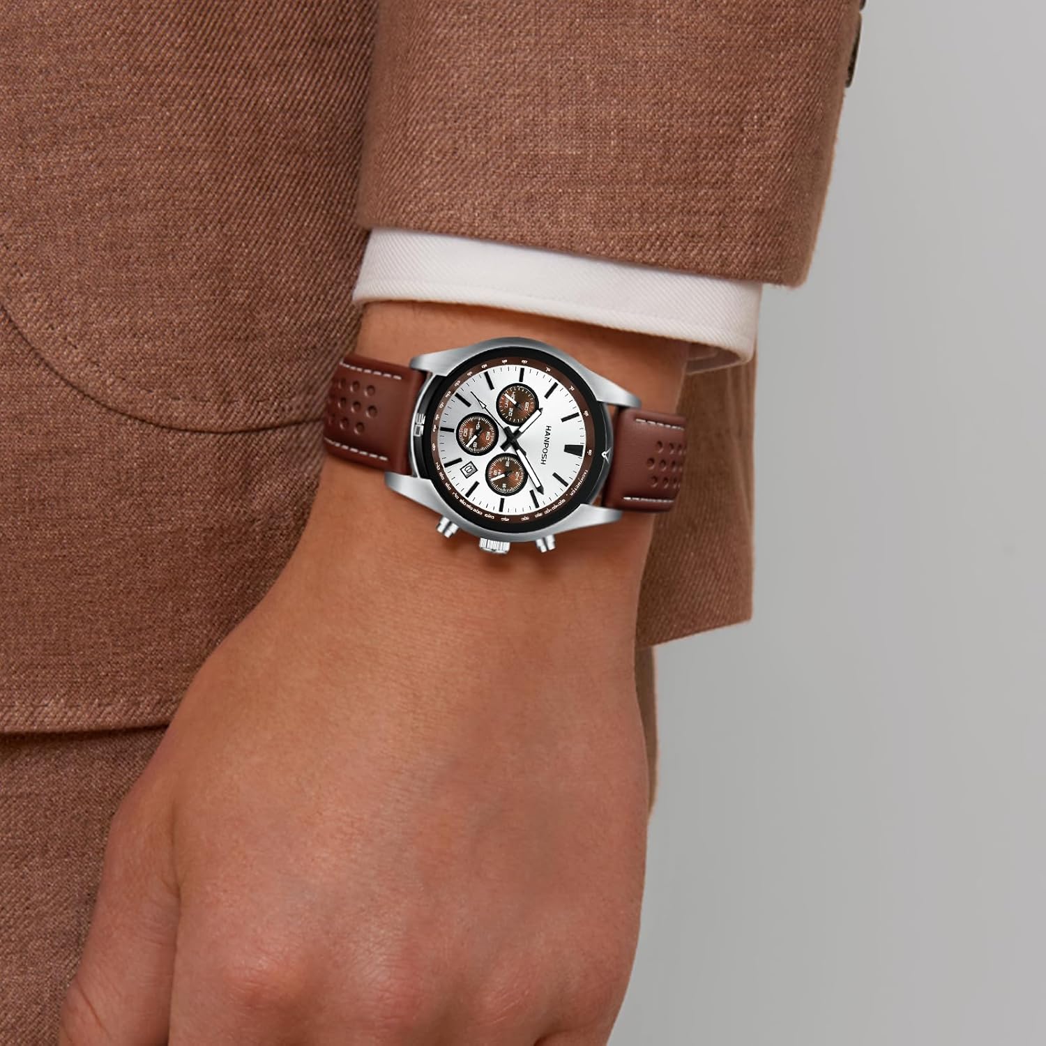 HANPOSH Mens Watches Stainless Steel Analog Quartz Chronograph Waterproof Wrist Watches for Men Luminous Luxury Fashion Business Casual Men's Wrist Watch with Date Leather Starp