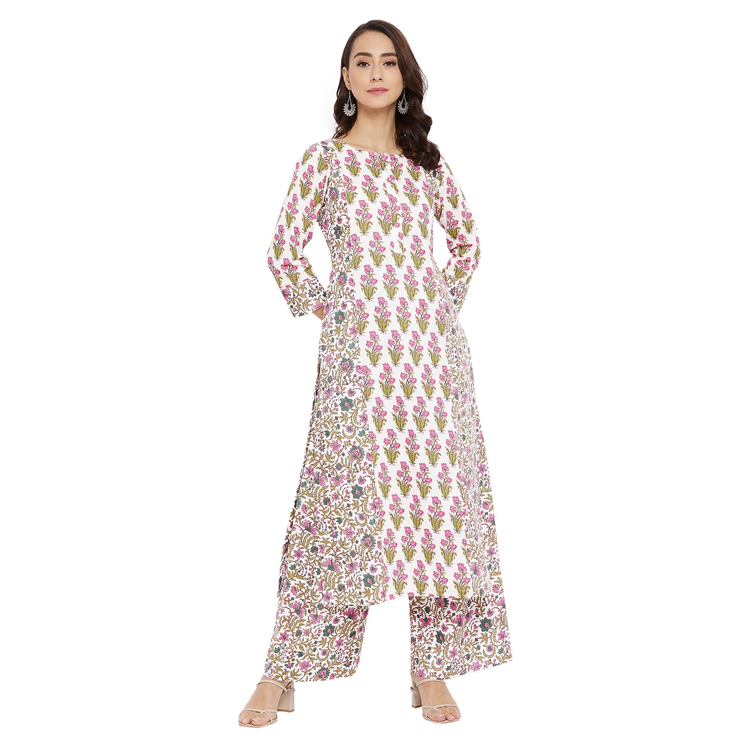 Tissu Women's Cotton Cream & Pink Floral Printed Kurta With Palazzo (Tis-601_Cream_Xxl)