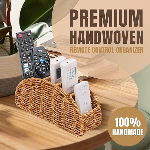 Miniatura 4 de Soporte para control remoto de 5 compartimentos, organizador de ratán sintético para controles remotos de TV, brochas de maquillaje, suministros de