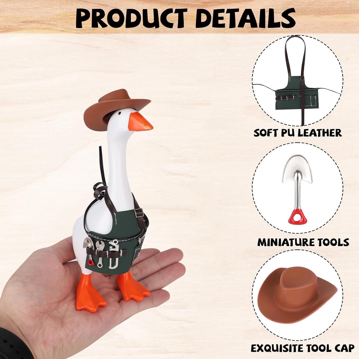 Desk Goose Outfit Set, Gardener Home Repair Costumes Set with Mini Tools Cowboy Hat & Apron Cute Decorative Outfit for 17.78cm/7in Desk Small Porch Goose 7 Inch Statue Accessories