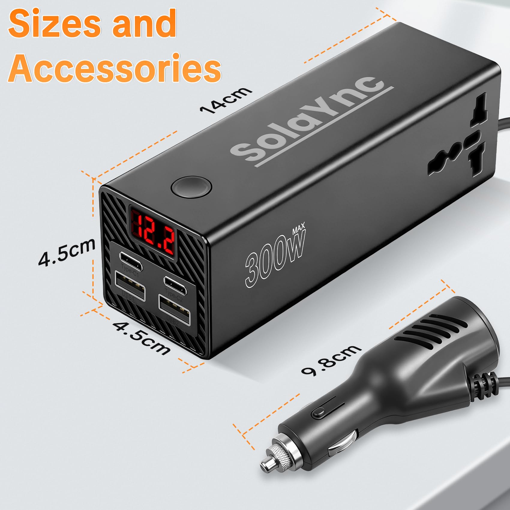 300W Convertisseur de Tension pour véhicule 12V/24V à 230V, avec Prises internationales et Affichage LED, 2 Ports USB-A et 2 Ports USB-C, adapté aux Voitures, Bateaux, Camping