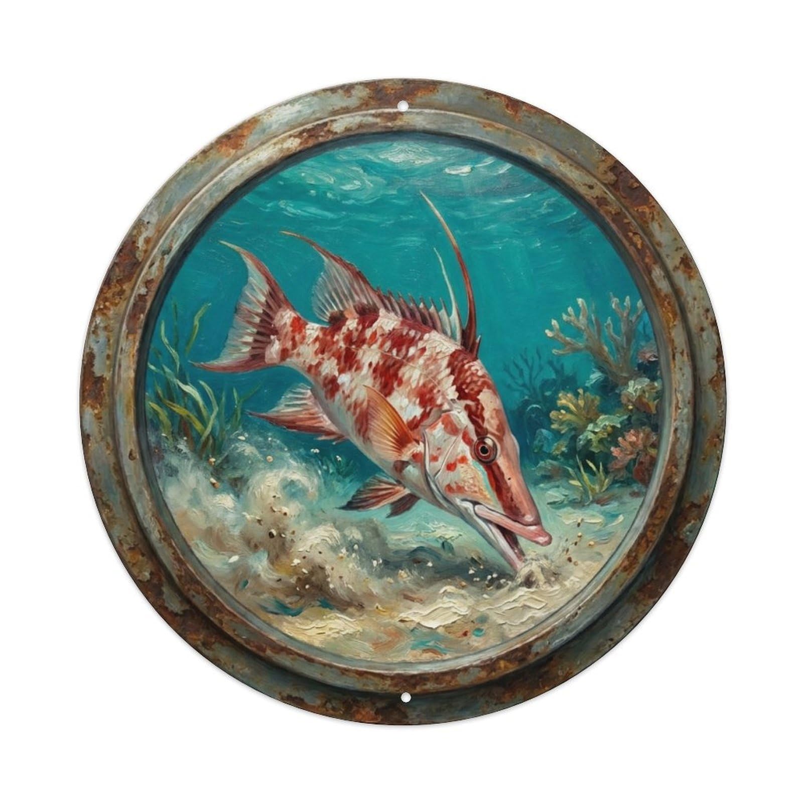 Vintage Porthole Hogfish Snout Ship Window Undersea Deep Sea Metal Tin Sign