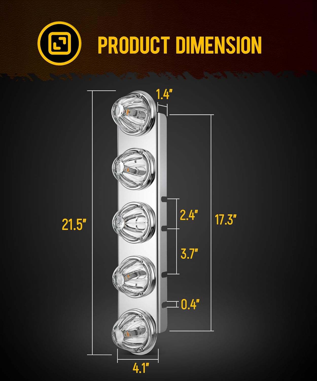 Partsam 1Pcs Passenger Side (Right Side) Radius Style 21.5" Front Air Cleaner Light Bar with 5Pcs Glass Watermelon Lights, Stainless Steel Bracket, Compatible with Peterbilt Kenworth Freightliner