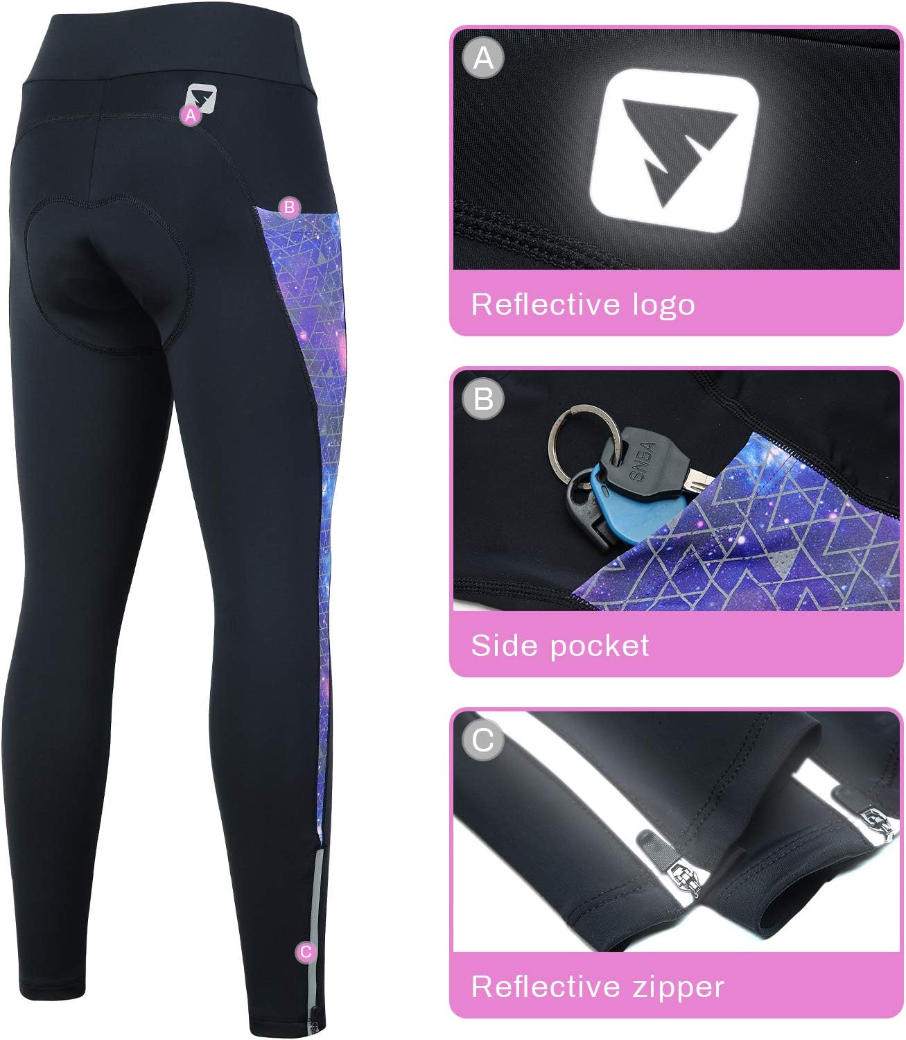 Women's Cycling Pants Padded Compression Bike Cycling Tights Long Bicycle Pants Wide Waistband with Pockets(Purple,XL) - Image 6