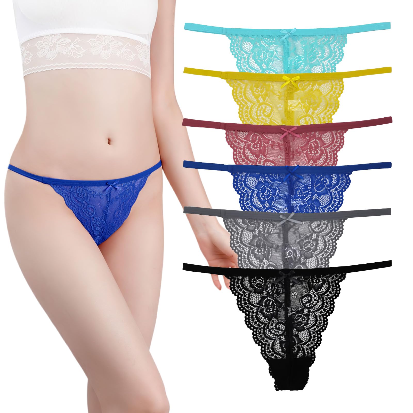 ClydewyWomen Lace G-String Thongs Pack of 6 No Show Panties Sexy Underwear Assorted Lace Pattern and Colors See Through Lingerie for Womens Ladies Briefs Variety Multipack