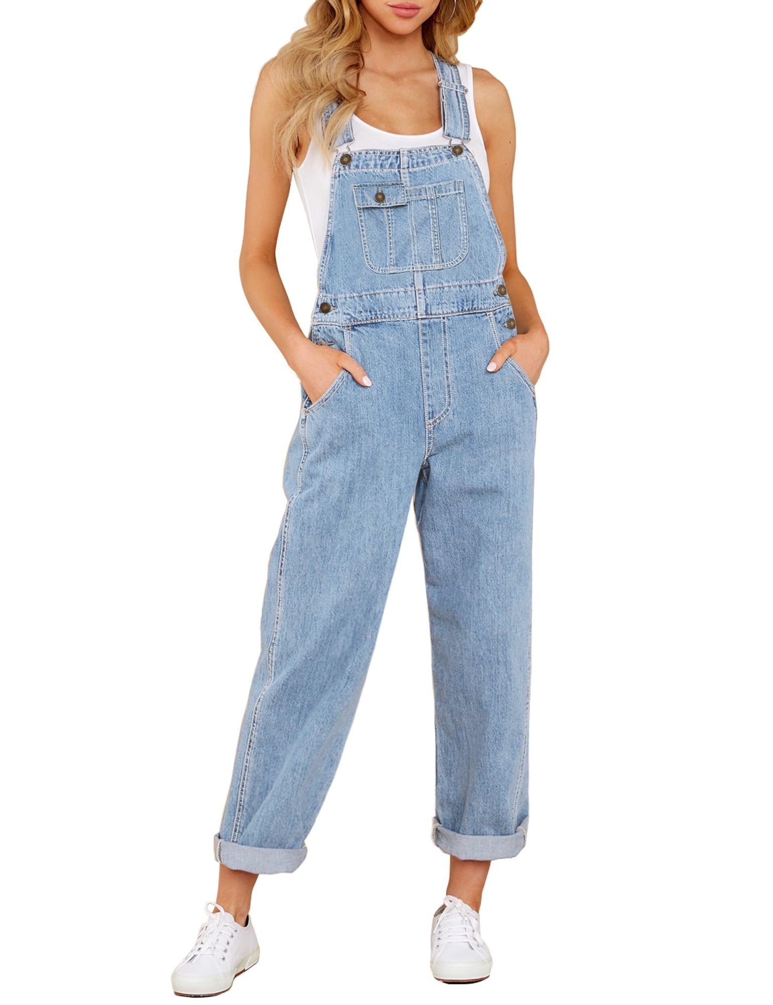 Roskiky Peto para mujer, vaquero, elástico, pierna recta, overall para mujer, corte regular, pantalones de mezclilla, cómodos, correas ajustables