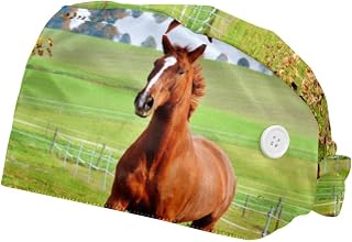 2PCS Working Hats for Men Brown Horse Meadow Adjustable Women Work Caps Bouffant Hats with Sweatband, Multi, One Size