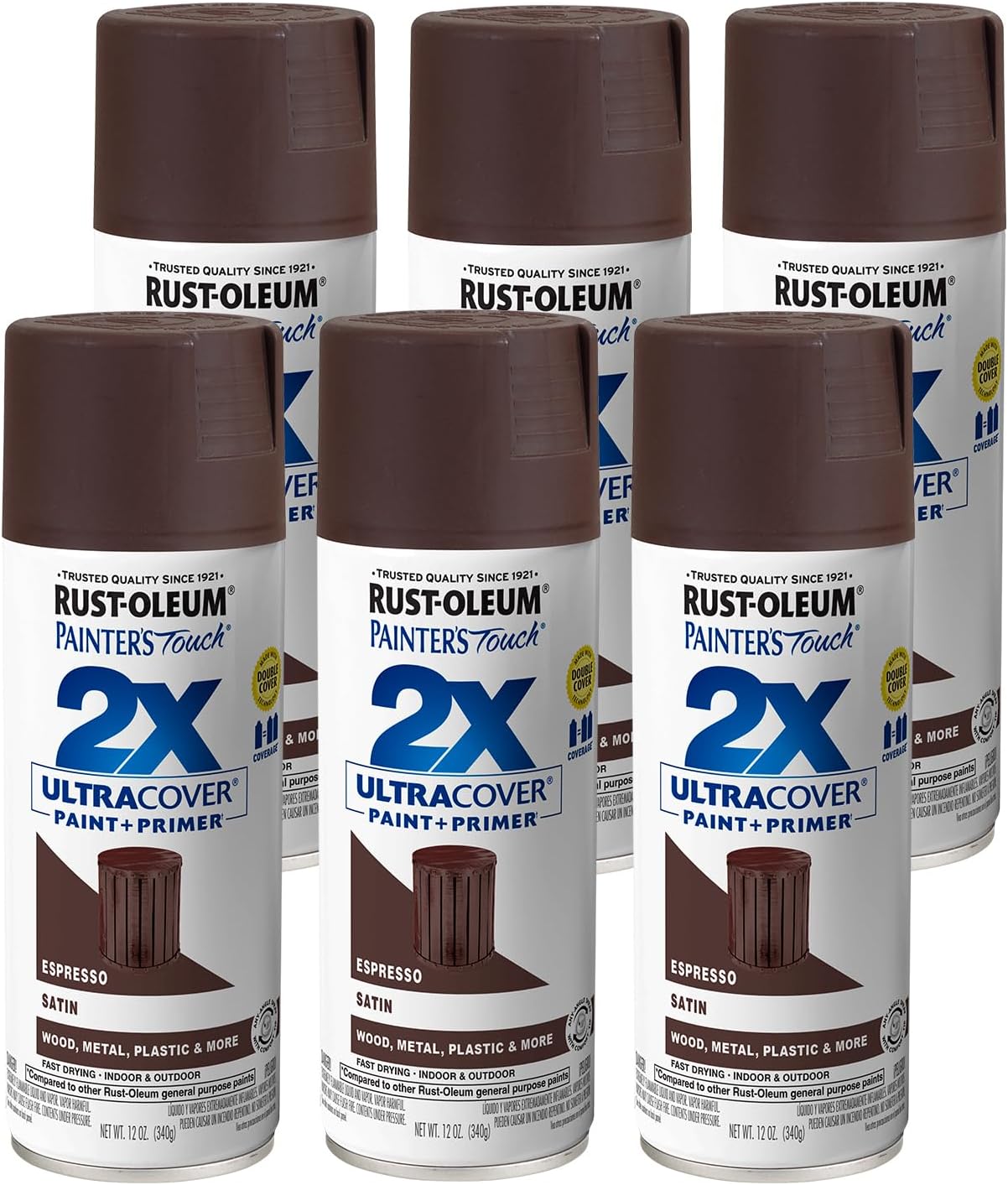 Rust-Oleum 249081-6PK Painter's Touch 2X Ultra Cover Spray Paint, 12 oz, Satin Espresso, 6 Pack