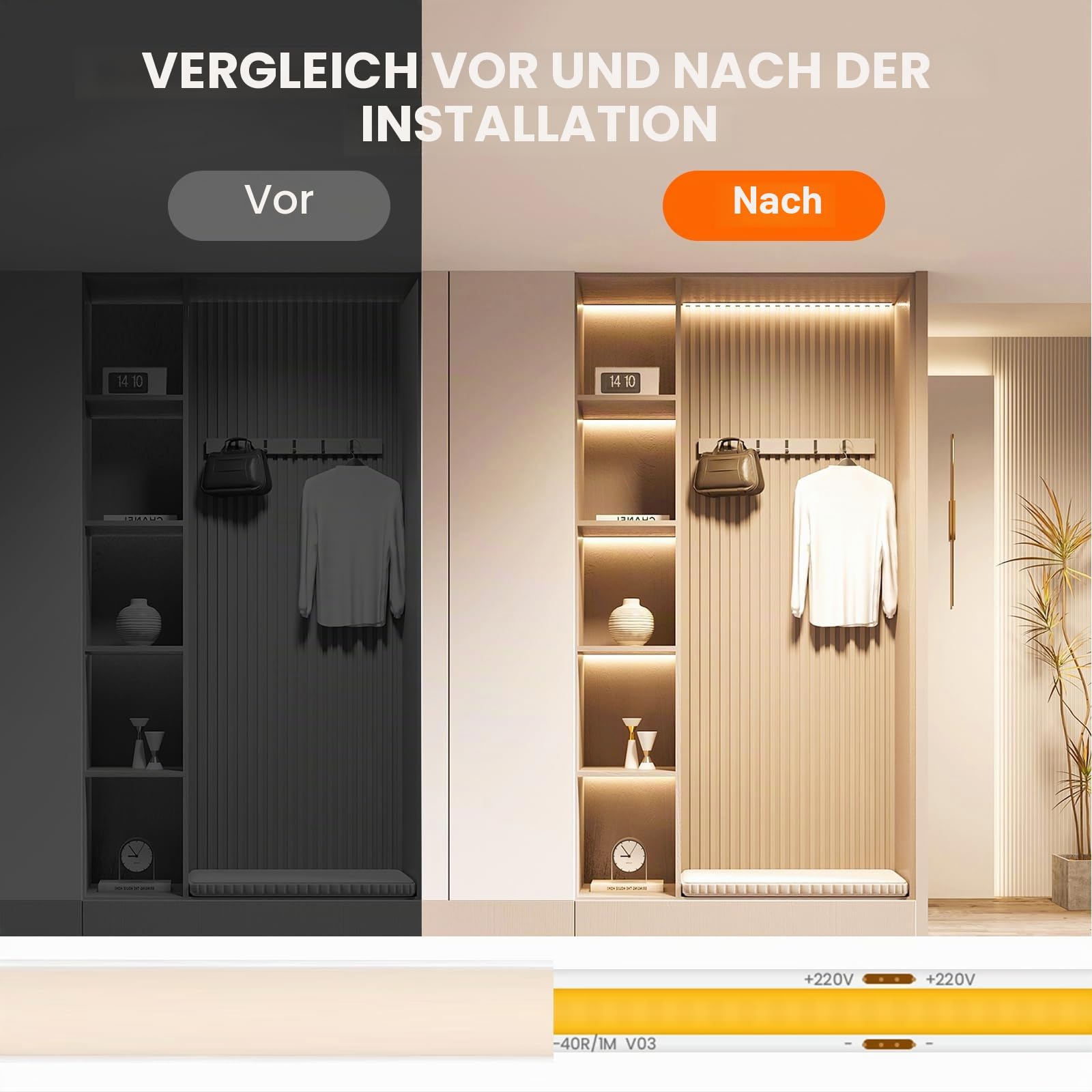 KISUFU 230V COB Neon LED Streifen, 288 LEDs/m Wasserdicht IP65 Schnitt alle 50cm, 220V LED Band Light Strip mit ON/OFF Schalter für Küche, Badezimmer, Werkbank, Die außendekoration.warm weiß,15M