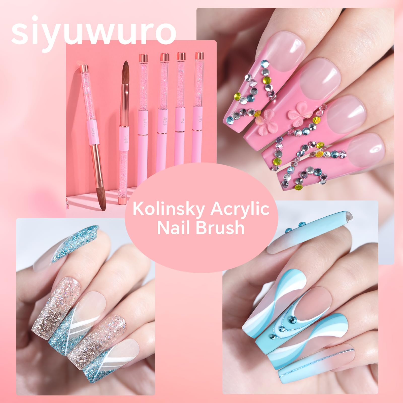 Kolinsky - Pennello per unghie in acrilico, setole per capelli, forma ovale, per applicazione acrilica, extension e intaglio 3D, con manico in perline rosa, per manicure a casa e salone