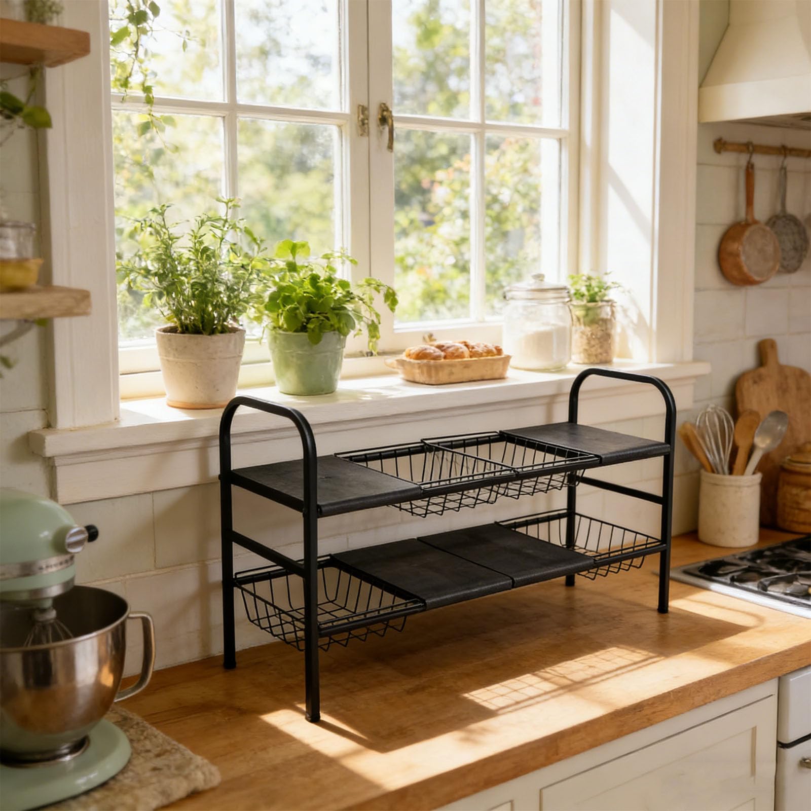 Estante de almacenamiento de cocina con 2 capas, 3 tablas y 3 cestas para organizar ollas, sartenes y utensilios, estante de almacenamiento que ahorra espacio