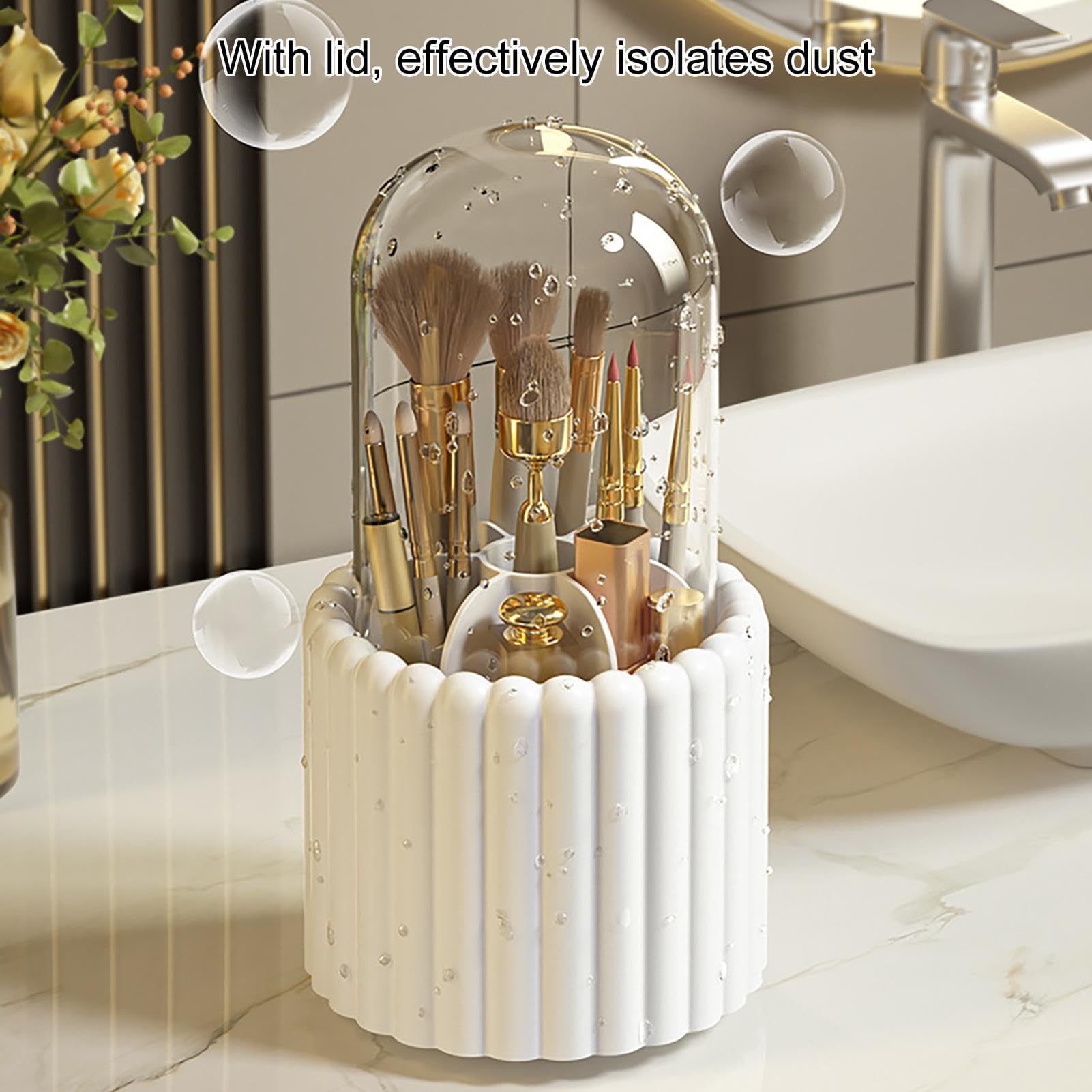 Caja Grande para Guardar cosméticos de Escritorio, Organizador de brochas de Maquillaje Giratorio de 360 Grados | Organizador de tocador con Tapa, Caja Grande para Guardar brochas de Maquillaje con t