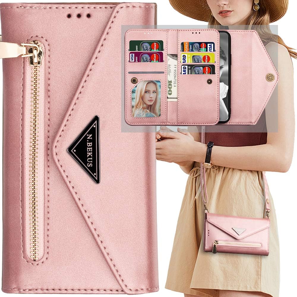 iPhone 12 Crossbody Wallet Case,iPhone 12 Pro 6.1" Wallet Case for Women,Auker 9 Card Holder Wristlet Zipper Purse Clutch Case with Shoulder Strap Flip Stand Magnetic Slim Pocket Wallet Case Hand Bag