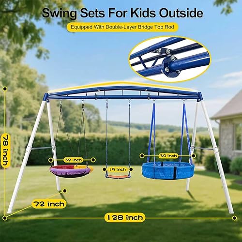 Miniatura 3 de Juego de columpio de metal resistente 3 en 1, capacidad de 800 libras, juego de marco en A reforzado para exteriores con asiento de bloqueo para