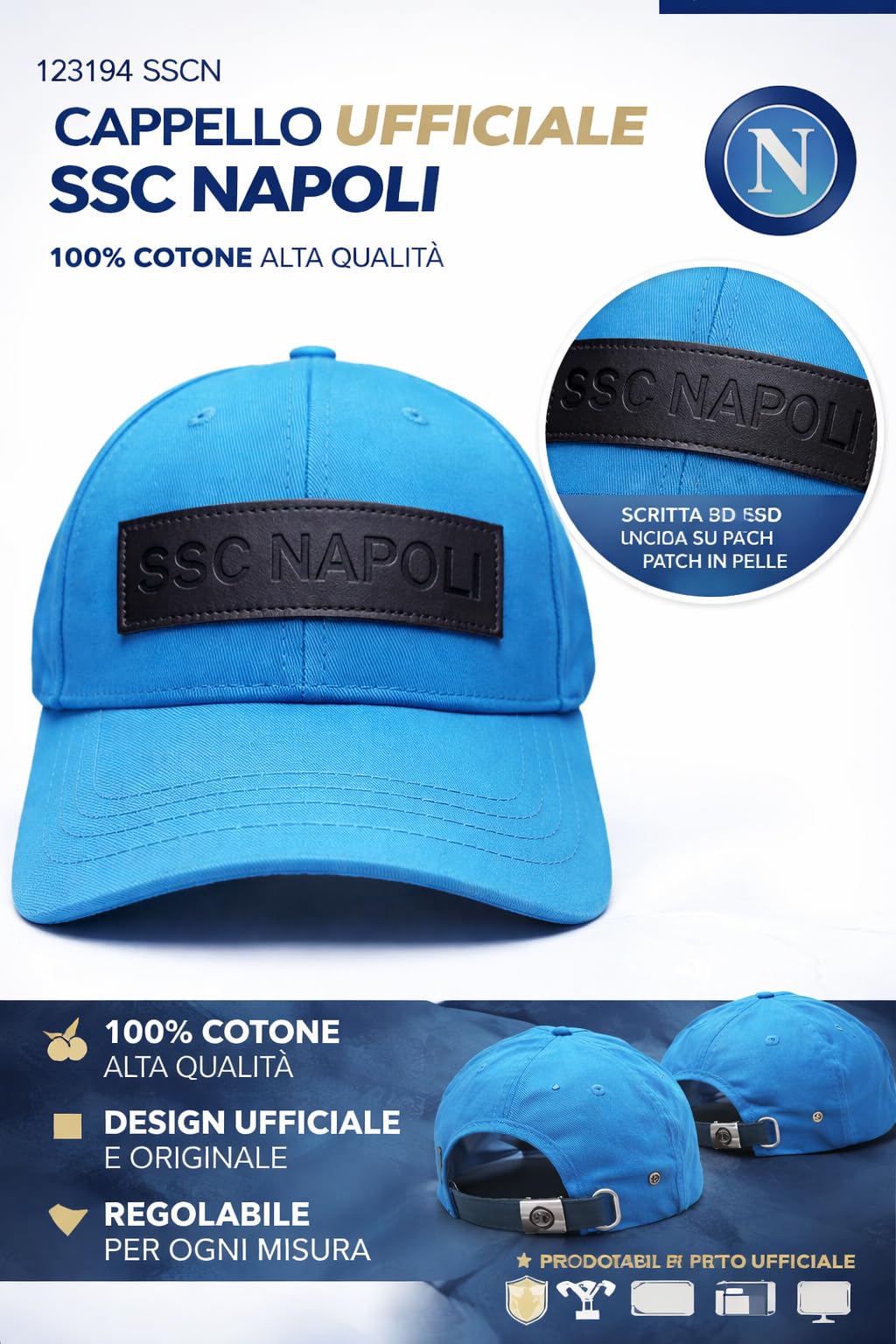 Generico Kit chapeau avec visière Naples et drapeau du stade grand 100 x 150, produit officiel, casquette casquette casquette homme, femme, garçon, avec boucle réglable, cadeau fan Scudetto Napoli