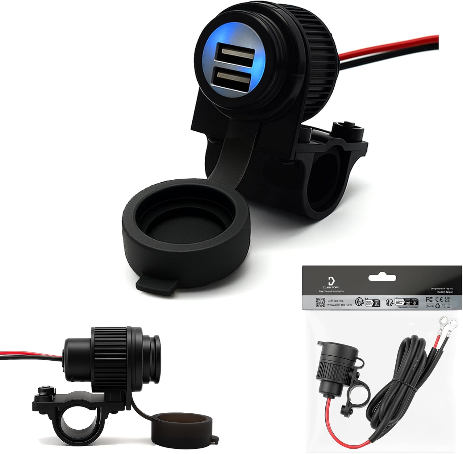 Cliff Top Motorcycle USB Charger Dual USB Port 36W Waterproof Phone Charger with 18W PD USB-C & QC 3.0, Magnetic Power Switch, Battery Drain Prevention (6A 36W SAE Connector)