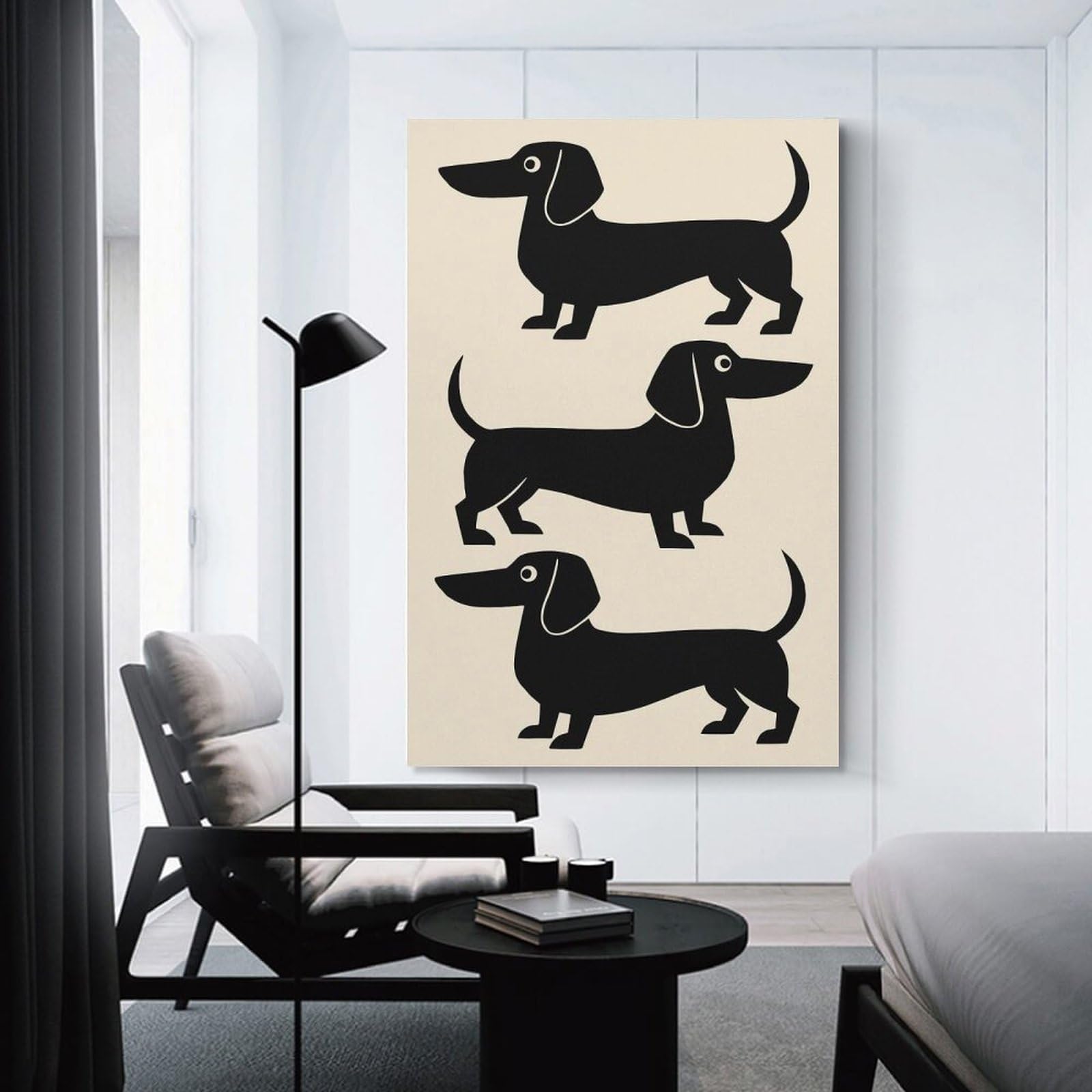 Junmoney Decorative Wall Artwork Three Black Dachshunds in A Row, 24x36inch(60x90cm), for Living Room, Lounge Or Sitting Room, Modern Wall Decor for Cosy Interiors