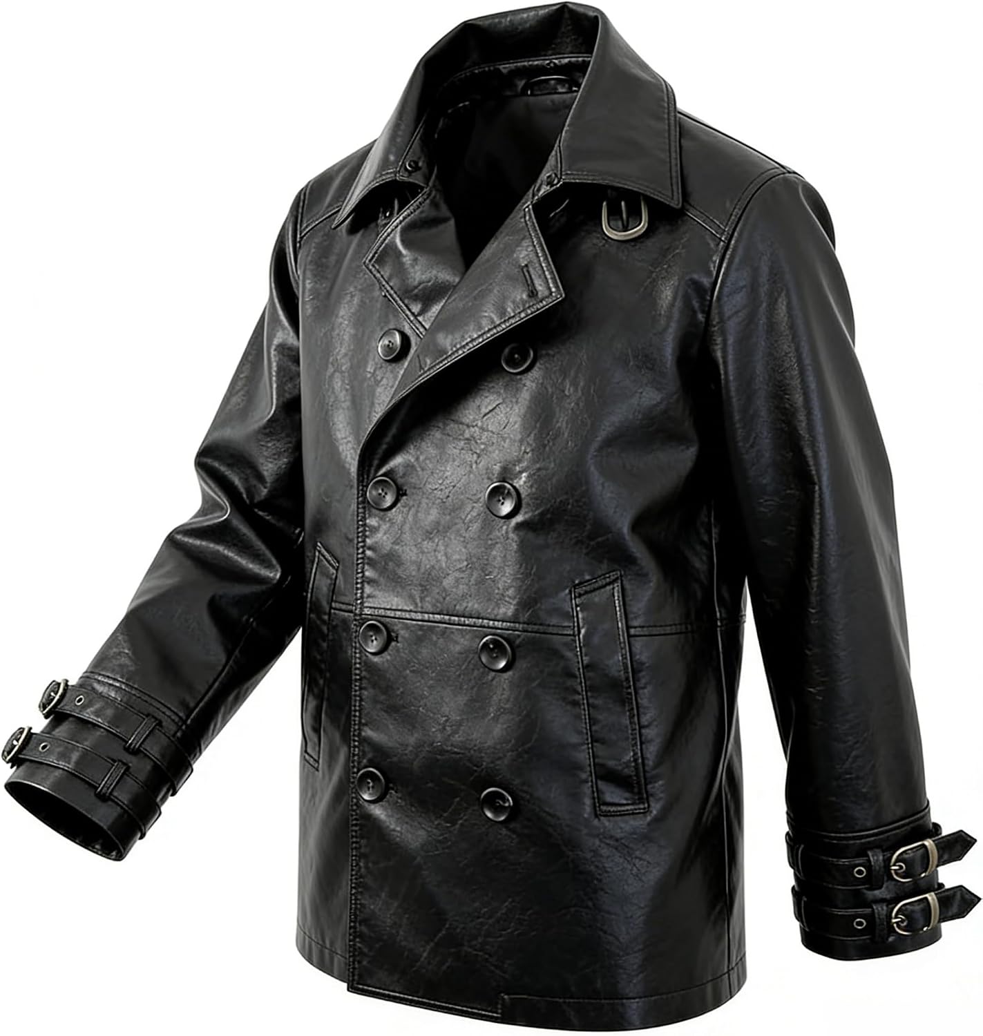 Black Mens Leather Jacket Classic Warm Trench Coat Faux Fur Collar Cosplay Costume