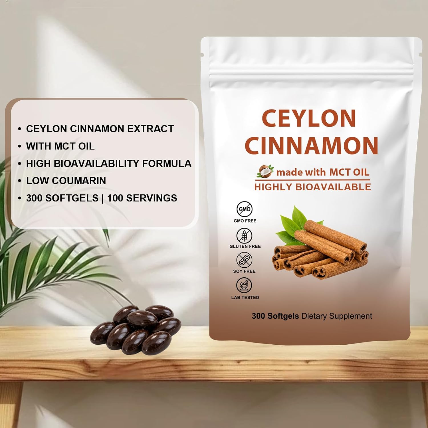Ceylon Cinnamon Made with MCT Oil - 300 Softgels, Non-GMO & Gluten Free, Premium Ceylon Cinnamon Formula