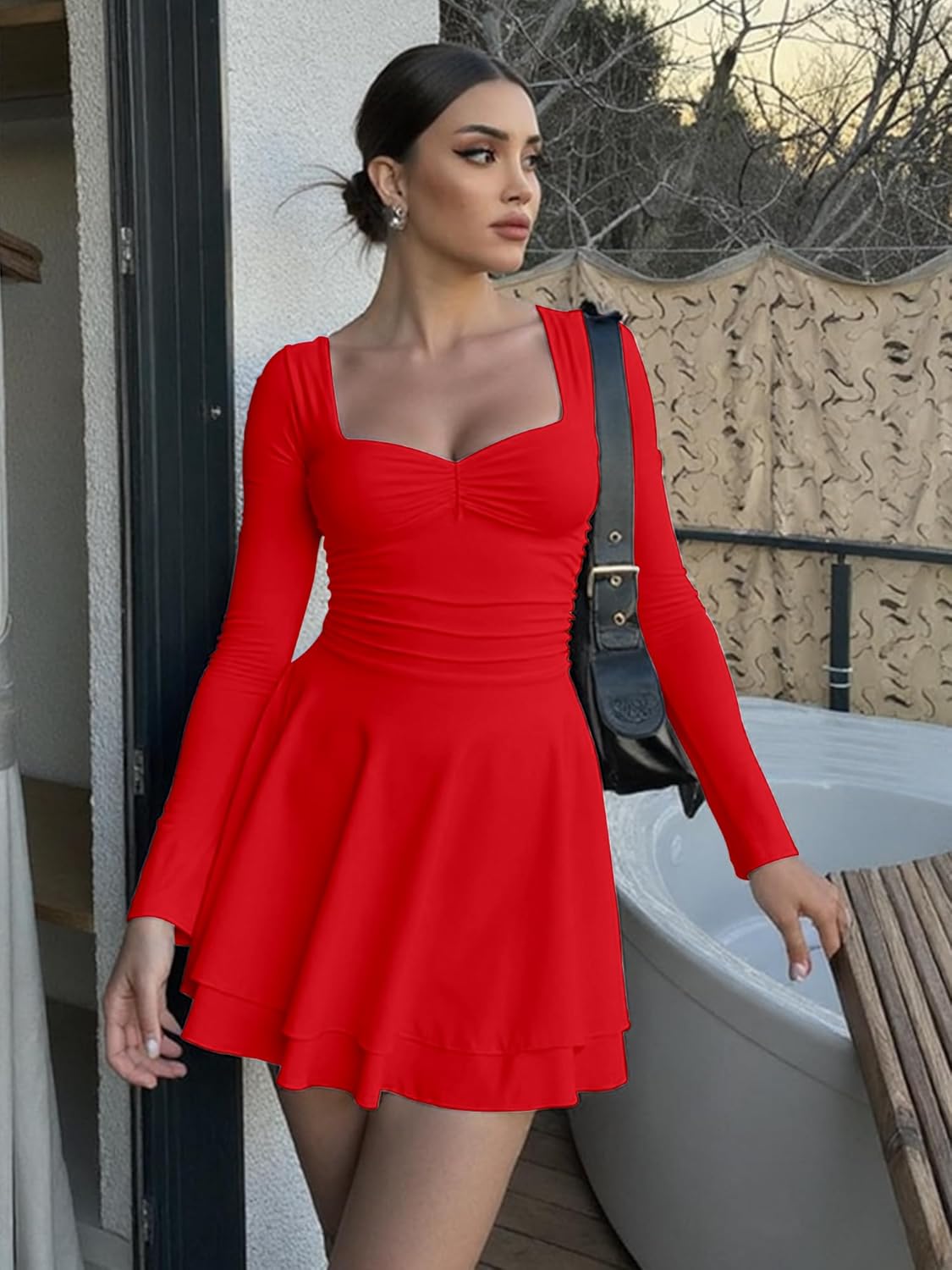 Kaximil Women's Long Sleeve Square Neck Mini Dress Ruched Ruffle Corset A Line Party Short Dresses - Image 3