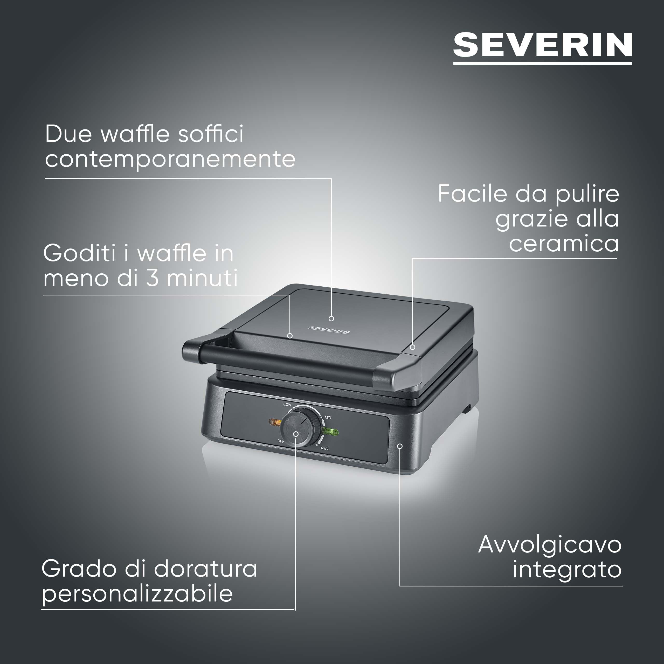 Severin Macchina per Waffle Belgi, Piastra con Rivestimento in Ceramica Senza PFAS, 1600W, Cottura Rapida, Piastre Extra Profonde per 2 Waffle, Nero/Acciaio Inox, WA 2130